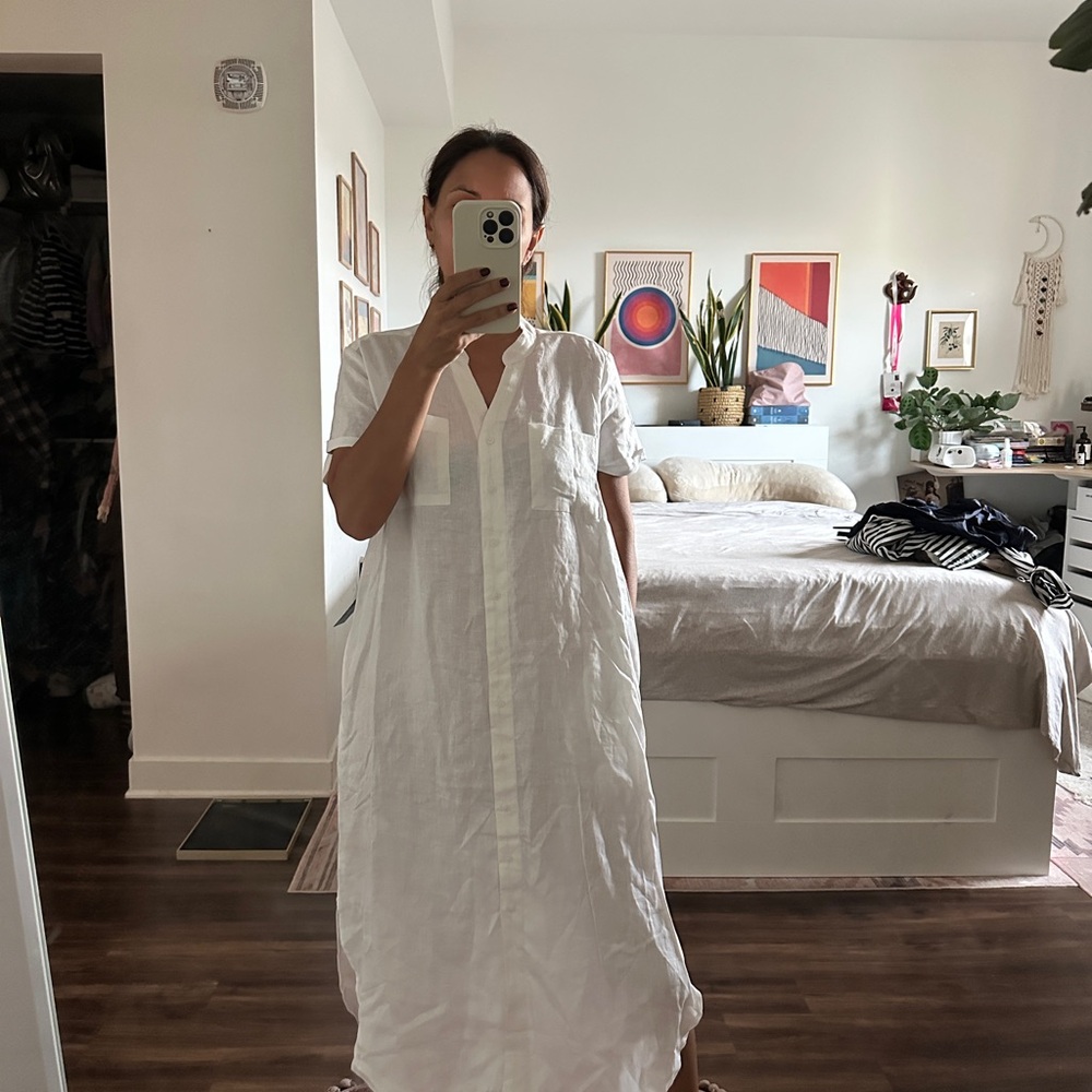 Saks Fifth Avenue linen White Button-Down Shirt Dress - Picture 8 of 8